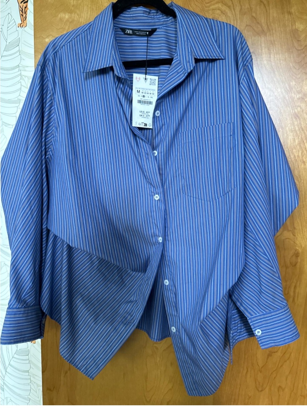 Zara Batwing sleeves Striped Blue & White Button-Down Shirt